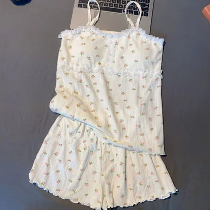 Floral Sleepwear Women Pajama Sets with Pad Pijama Shorts Suit Summer Korean Spaghetti Stap Night Wear Sleeping 2 Pieces 2024 Beige