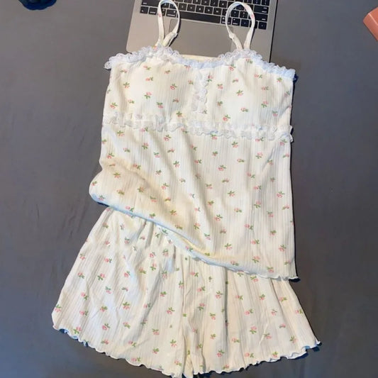 Floral Sleepwear Women Pajama Sets with Pad Pijama Shorts Suit Summer Korean Spaghetti Stap Night Wear Sleeping 2 Pieces 2024 Beige