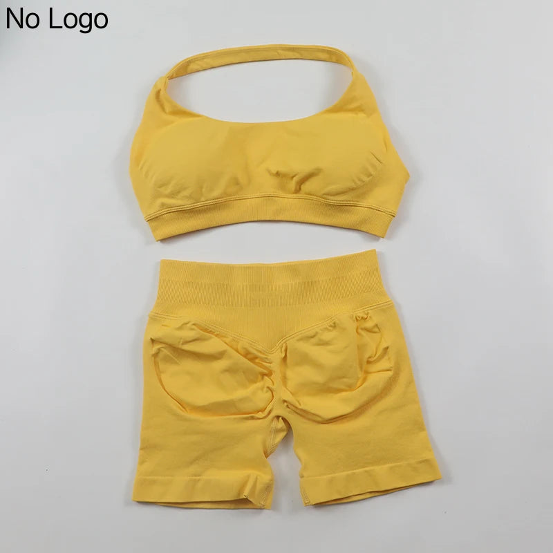 Fitness Shorts Sets Seamless Yoga Set Women 2Pcs Halter Sports Bra Scrunch Butt Gym Shorts Set Workout Clothes Summer Sportswear Badiee Stylez