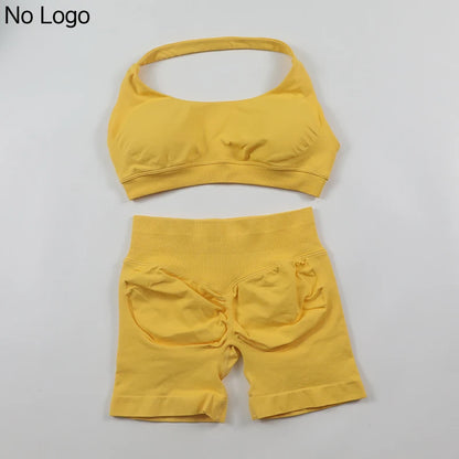 Fitness Shorts Sets Seamless Yoga Set Women 2Pcs Halter Sports Bra Scrunch Butt Gym Shorts Set Workout Clothes Summer Sportswear Badiee Stylez
