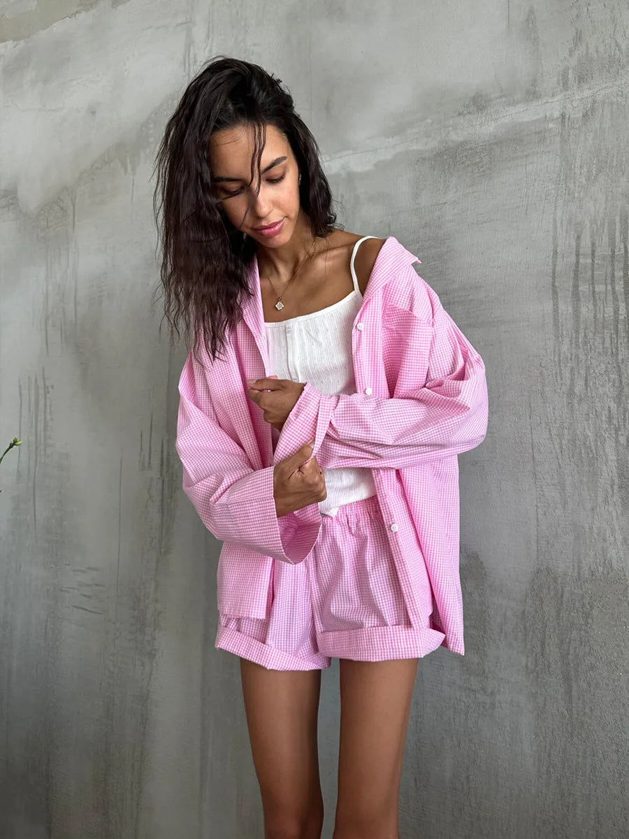 Muzuleva 100% Cotton Pink Patchwork Checkered Pajama Set Spring New Long Sleeved Shorts Pajamas Women's Casual Home Clothes