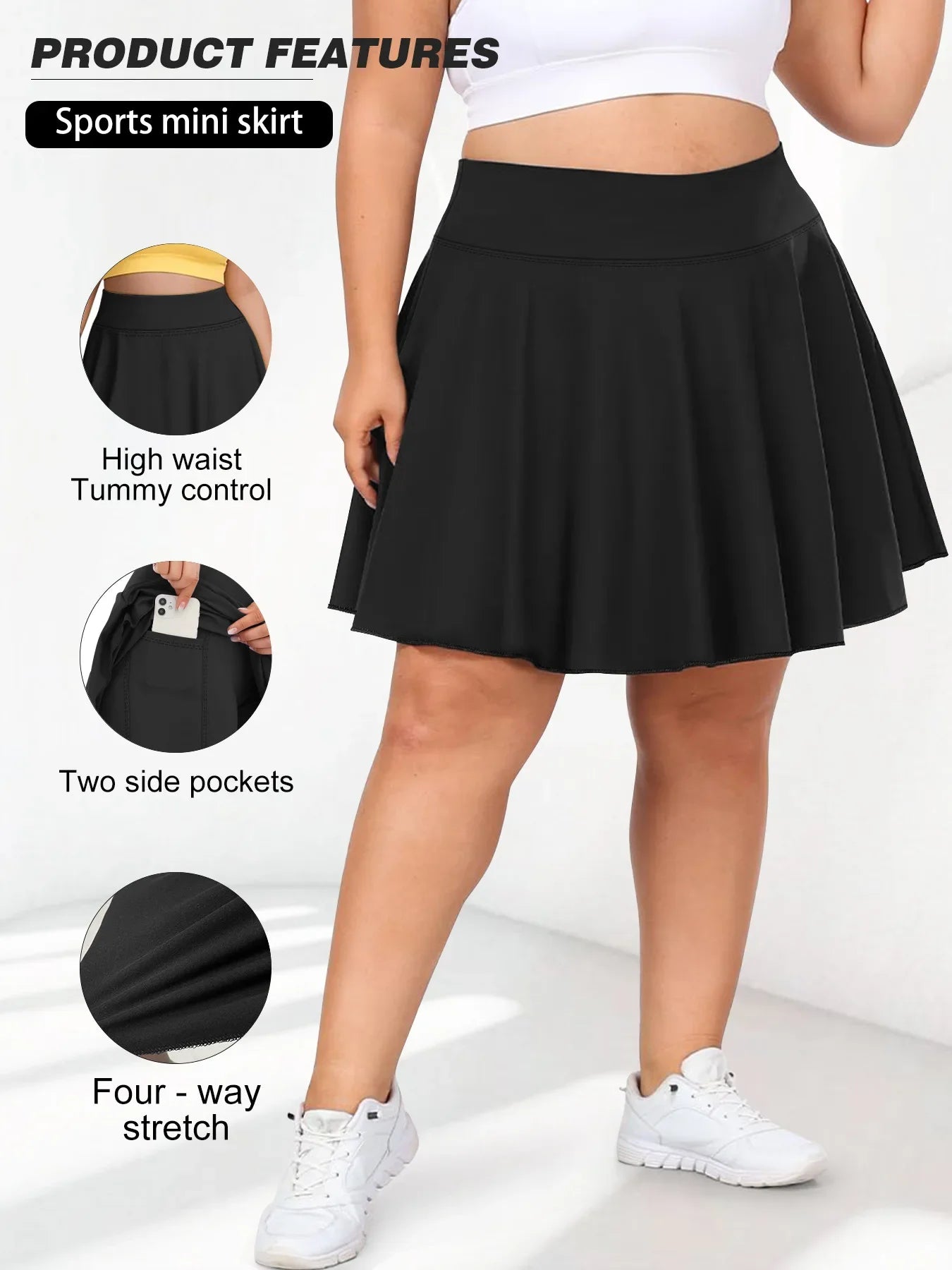 Plus Size Women with Pocket Short Skirt Fitness Short Skirt High Waist Fashion 200lbs Sports Short Skirt Gym Outdoor Solid Skirt