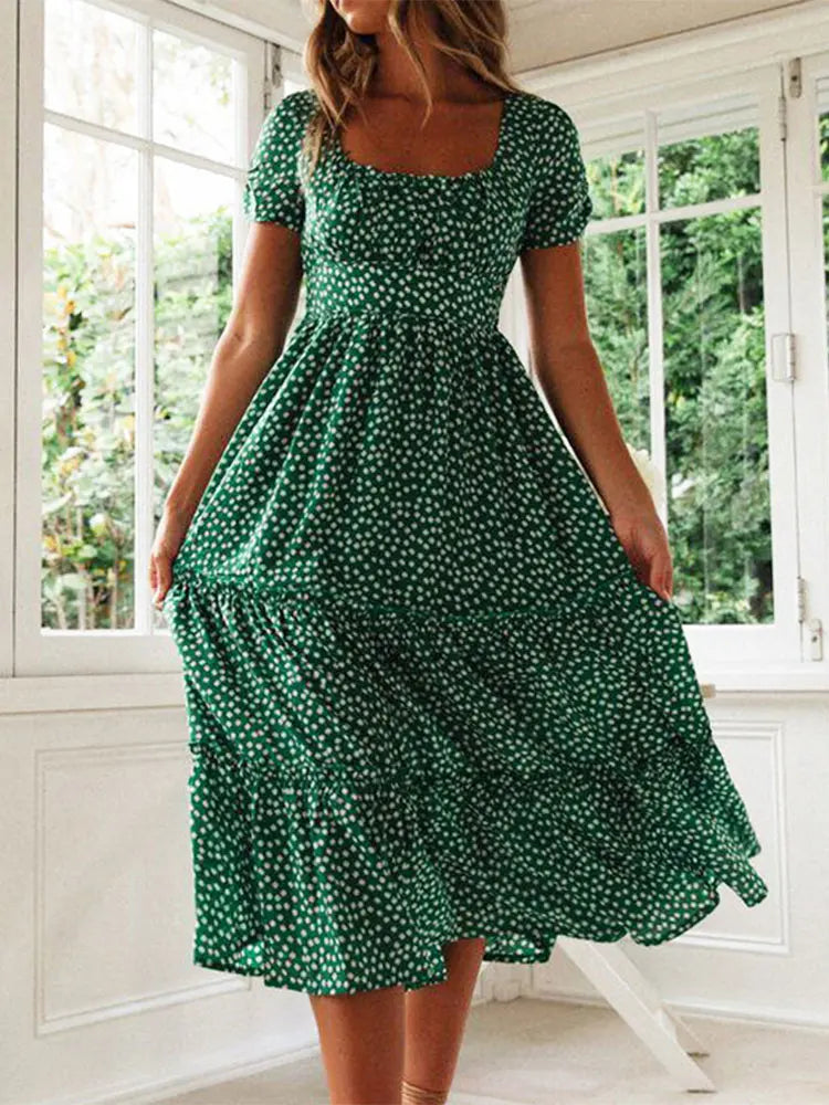 Vestidos Vintage Vintage Print Puff Sleeve summer Beach sweet dresses Casual Square collar floral maxi long dress festa green