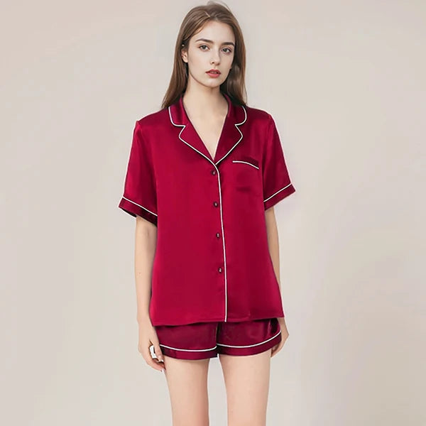 100% Real Mulberry Silk Womens Pajamas Set Sleepwear Pjs Button Down Short Sleeve Shirt Top and Shorts Loungewear 2 Piece M-4XL Wine Red CHINA
