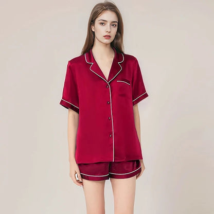 100% Real Mulberry Silk Womens Pajamas Set Sleepwear Pjs Button Down Short Sleeve Shirt Top and Shorts Loungewear 2 Piece M-4XL Wine Red CHINA