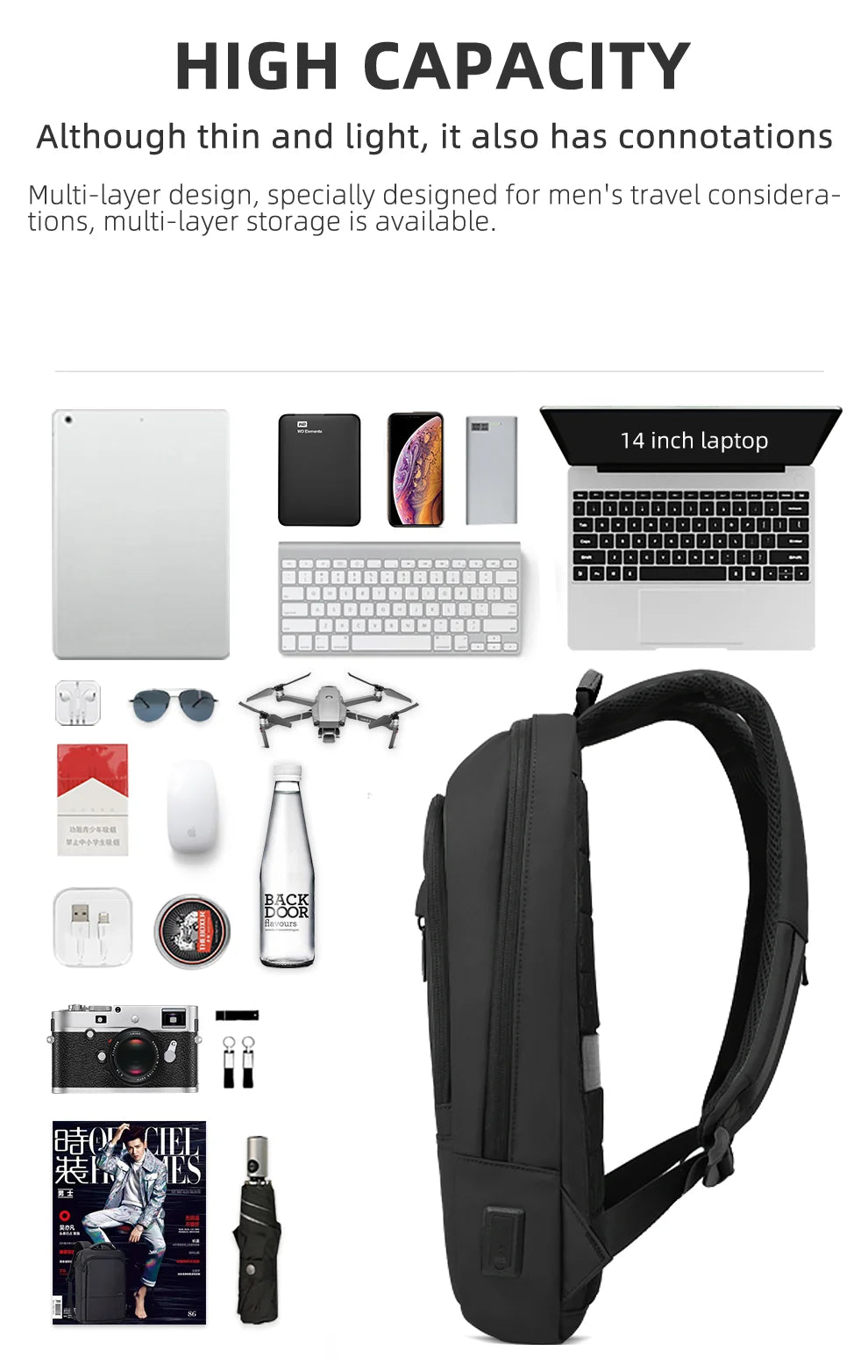 Hk Slim Laptop Backpack Men 14 Inch Office Work Women Backpack Thin Business Bag Unisex Black Ultralight Small Backpack School