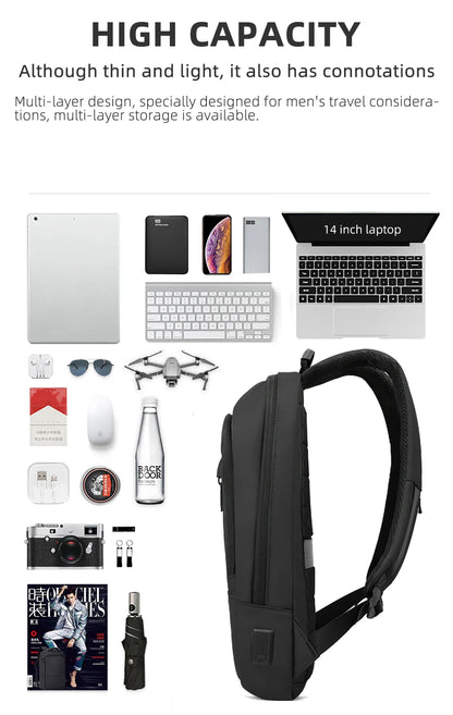 Hk Slim Laptop Backpack Men 14 Inch Office Work Women Backpack Thin Business Bag Unisex Black Ultralight Small Backpack School