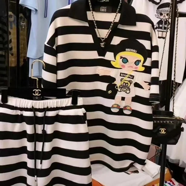 Casual Sports Striped Oversized Women's Clothing Summer Loose Turn-down Collar Pullovers Short Sets Elastic Waist Wide Leg Pants black