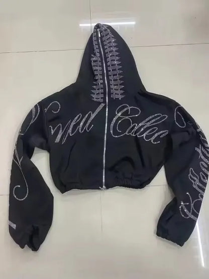 Retro Letters Rhinestone Sequins Short Hoodie Sweatpants Two Piece Set Y2K Suit Womens Letters Oversized Sweatshirt Casual Pants