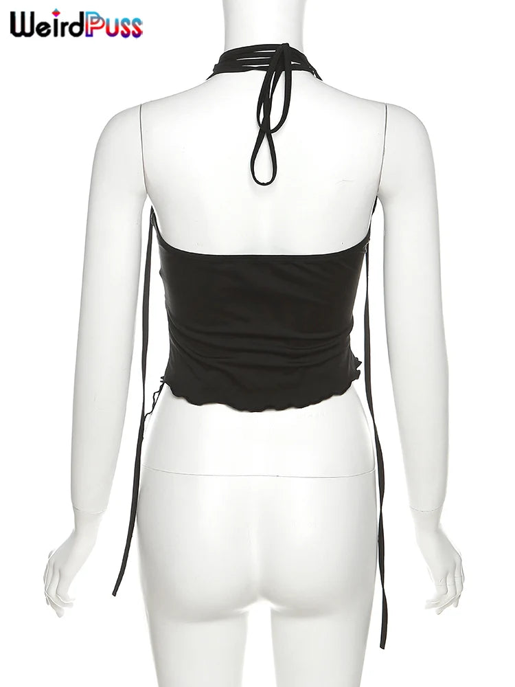 Weird Puss Cross Halter Women Tank Tops Hollow Out Backless Sleeveless Irregular Mesh Patchwork Solid Sexy Wild Party Clubwear