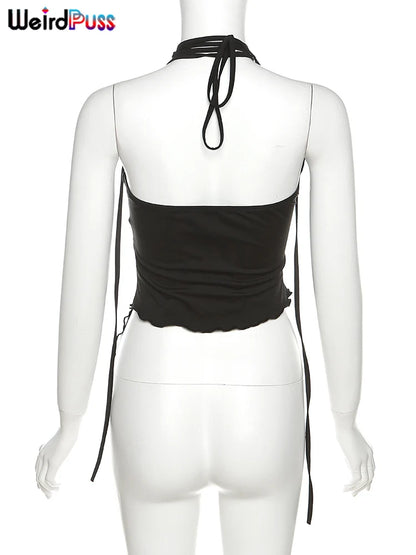 Weird Puss Cross Halter Women Tank Tops Hollow Out Backless Sleeveless Irregular Mesh Patchwork Solid Sexy Wild Party Clubwear