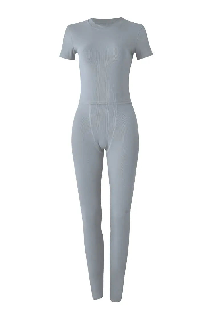 Lounge Wear Ribbed Casual 2 Piece Summer Shorts Set For Women Sleeve Top+Elastic Leggings Outfits