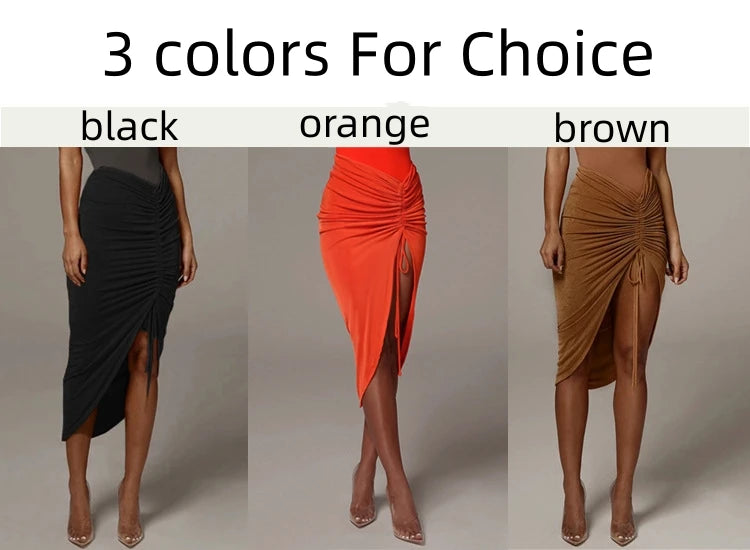 Women New Asymmetrical Shirring Skirt High Waist Pleated Fashion Pencil Skirt Summer Solid Wrap Hip Sexy Slim Irregular Skirts