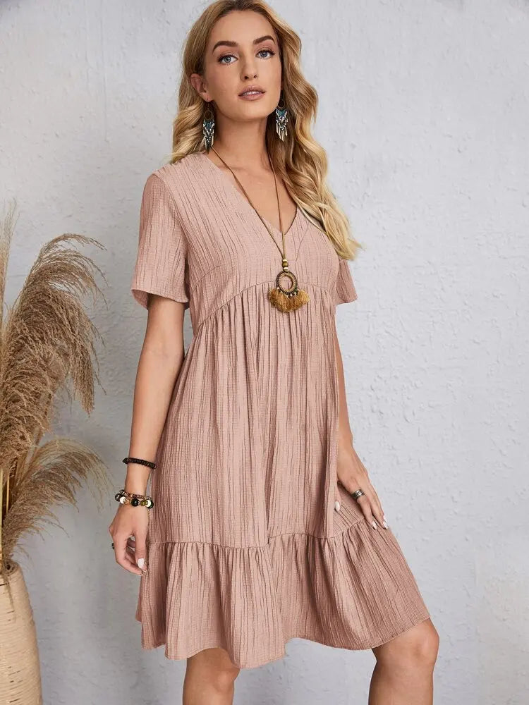 Women Elegant Short Sleeve V Neck Ruffles Dress Summer Casual Solid Loose Mini Dress Chic Bohemian Sundress Beach Party Vestidos Badiee Stylez