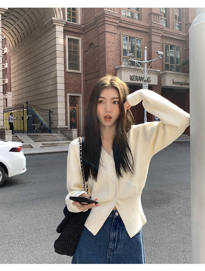 AOSSVIAO Knitted Casual Cardigan 2025 Autumn Winter Elegance Solid Color V-neck Sweater Unique and Niche Slim Fit Tops Badiee Stylez