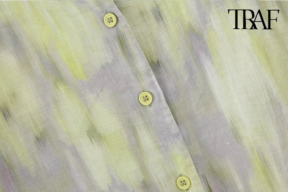 TRAF Women's single-breasted V-neck long-sleeved shirt Drawstring high-waisted wide-legged trousers Retro Printed Cotton Set