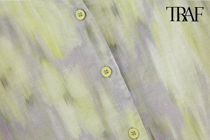 TRAF Women's single-breasted V-neck long-sleeved shirt Drawstring high-waisted wide-legged trousers Retro Printed Cotton Set