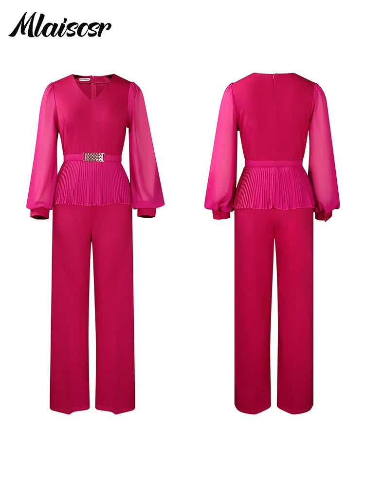Mlaiscsr Elegant Long Sleeve V-neck Pleated Belt Top and Wide Leg Pant Matching 2 Piece Sets African Women Office Lady Outfits
