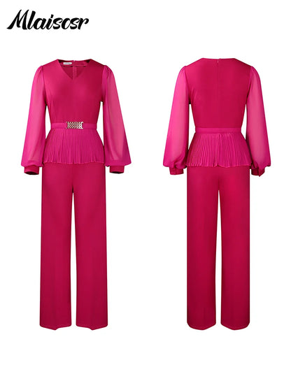 Mlaiscsr Elegant Long Sleeve V-neck Pleated Belt Top and Wide Leg Pant Matching 2 Piece Sets African Women Office Lady Outfits
