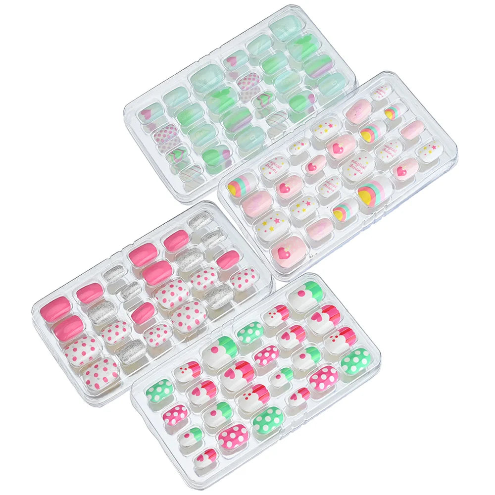 24Pcs Children Cartoon Nail Tips Colorful Cute Rabbit Pink Stars 6-14 Years old Girl Fake Nail With Jelly Glue Kids False Nail