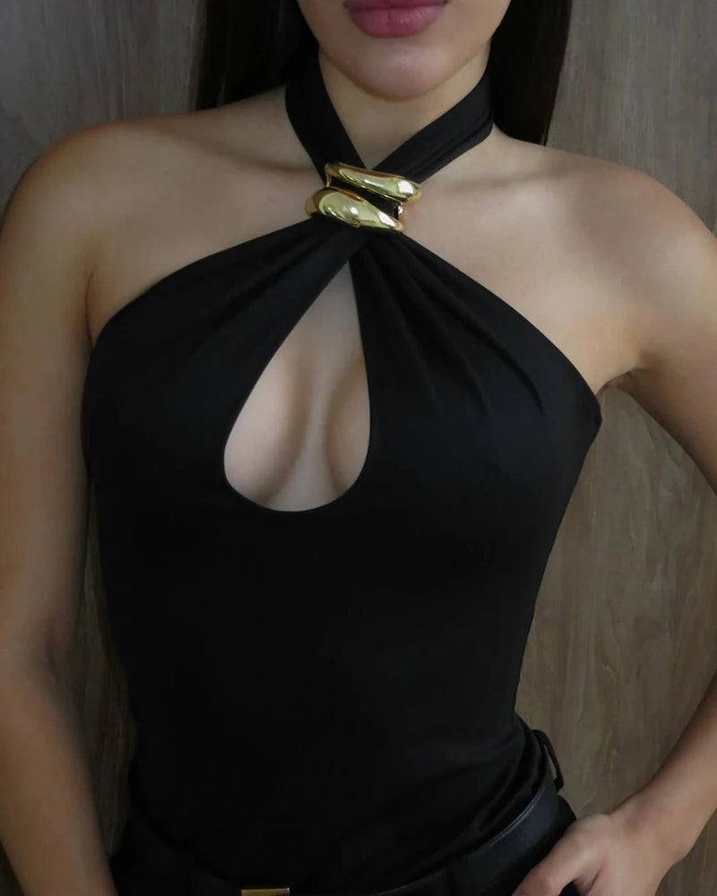 Balitops Sexy Basic Knit Hollow Out Tank Tops Women Vest Pullovers Metal Ring Camisole Sleeveless Skinny Knitted Bodycon Tops