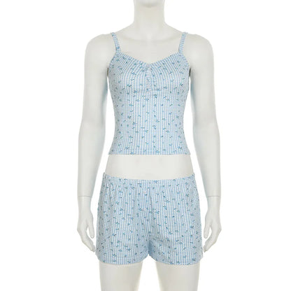 Combhasaki Women Summer Y2K 2Piece Pajamas Loungewear Set Plaid Floral Print Button Camisole Crop Tops +Elastic Low Waist Shorts
