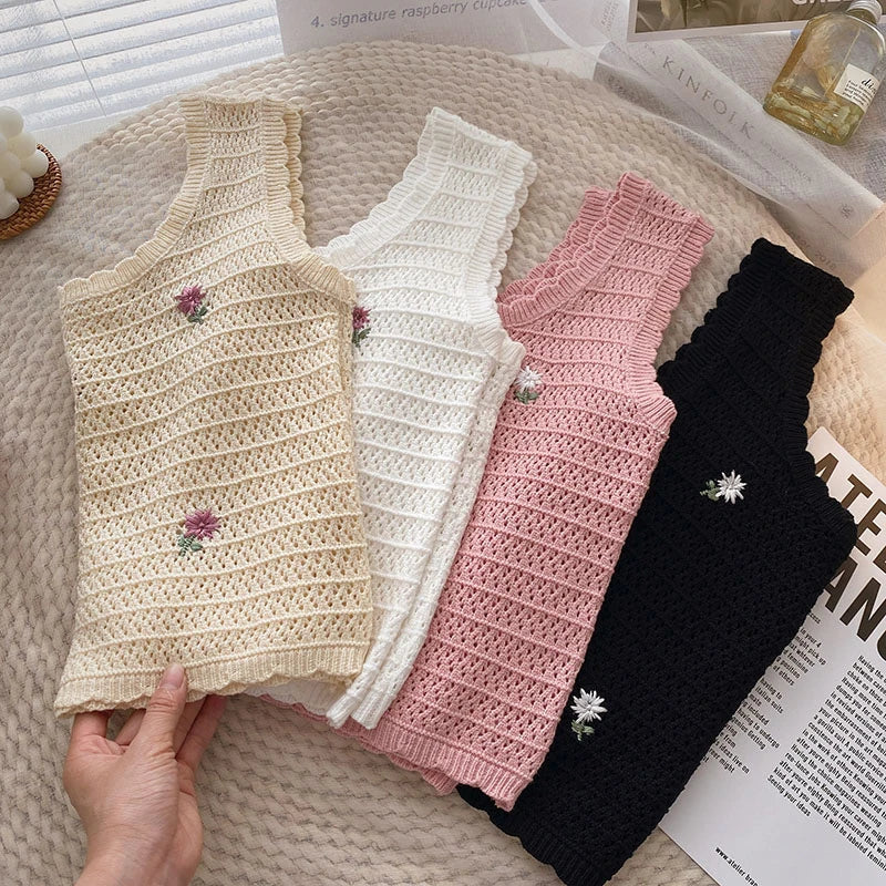 Women Summer Flower Embroidered Knit Tank Tops O-Neck Sleeveless Sweet Camisole Crochet Outer Wear Vintage Loose Inner Crop Tops