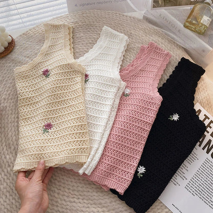 Women Summer Flower Embroidered Knit Tank Tops O-Neck Sleeveless Sweet Camisole Crochet Outer Wear Vintage Loose Inner Crop Tops