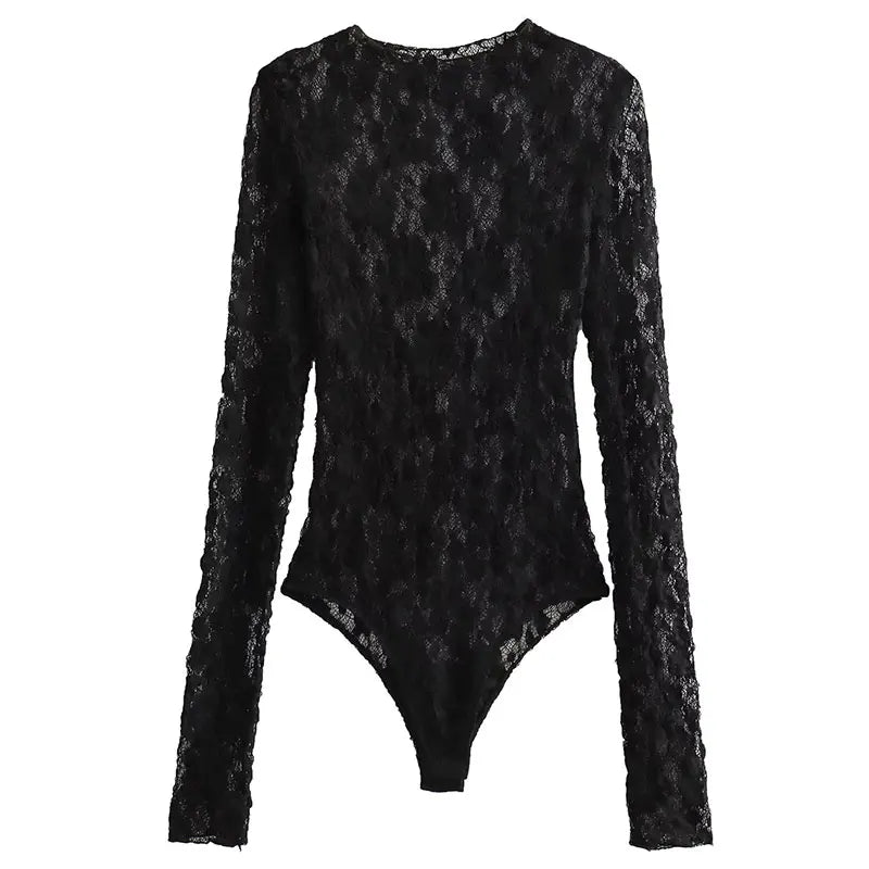 TRAFZA Summer Lace Jumpsuits For Women Fashion New Long Sleeves Hollow Out Slim Onesies Female Chic Wild Women's Bodysuits Black Top