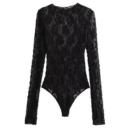 TRAFZA Summer Lace Jumpsuits For Women Fashion New Long Sleeves Hollow Out Slim Onesies Female Chic Wild Women's Bodysuits Black Top
