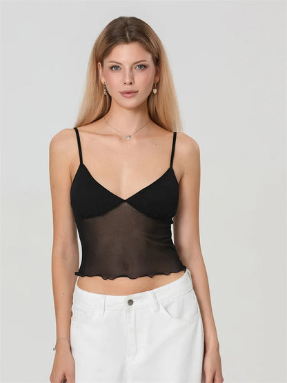 Women Camisole Tops Spaghetti Straps Tulle Patchwork Slim Fit Tank Tops Party Club Sexy Vinateg Corset Cropped Top Summer