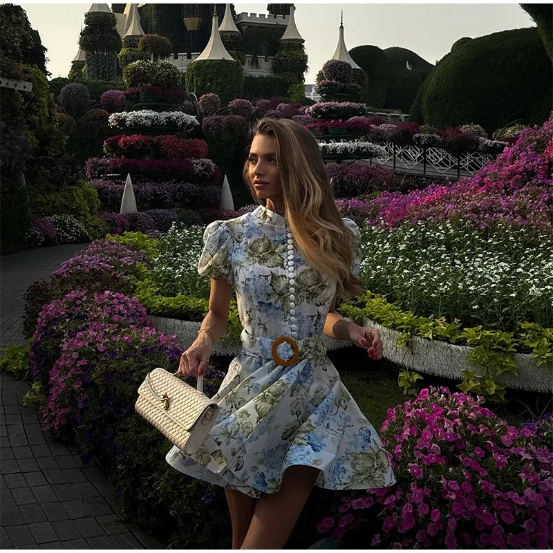 Women Floral A-line Mini Dress Short Sleeve Button-front Stand Collar Belted 2025 Summer Elegant Vestido Ladies Chic Party Dress