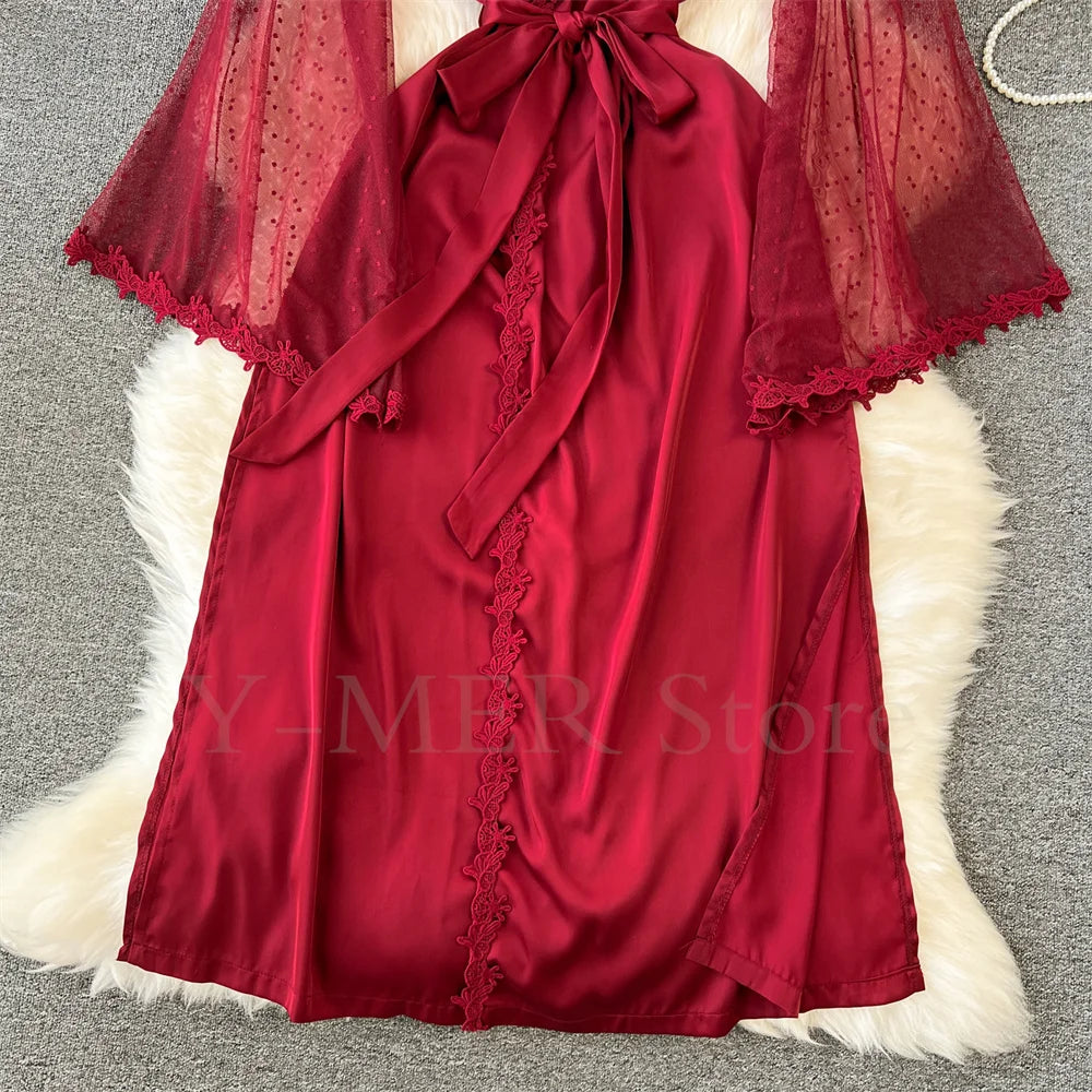 Sexy Embroider Edge Lady Kimono Bathrobe Dress Gown Mesh Sleeve Wedding Long Robe Sleepwear Loose Silk Satin Nightwear Lingerie