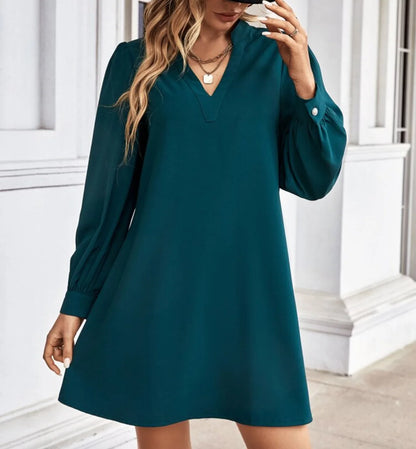 Office Lady Shirt Style Dresses Women's V-neck Long Sleeved Mini Dress Spring Autumn Solid Color Work Clothes