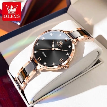 OLEVS Luxury Brand Women's Watches Elegant Fashion Ceramic strip Waterproof Japan Imports Quartz Watch Dress Lady Watch Simple black