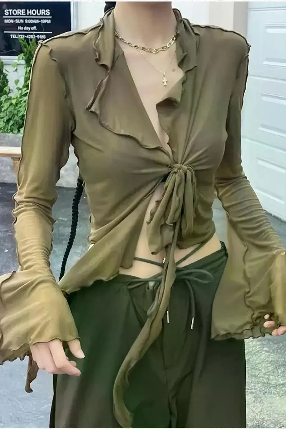 Long Flare Sleeve Sexy Sweet Hot Girls Korean Blouses for Women Lace-up Mesh Fashion Style All-match Solid Design Elegant Casual