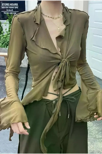 Long Flare Sleeve Sexy Sweet Hot Girls Korean Blouses for Women Lace-up Mesh Fashion Style All-match Solid Design Elegant Casual