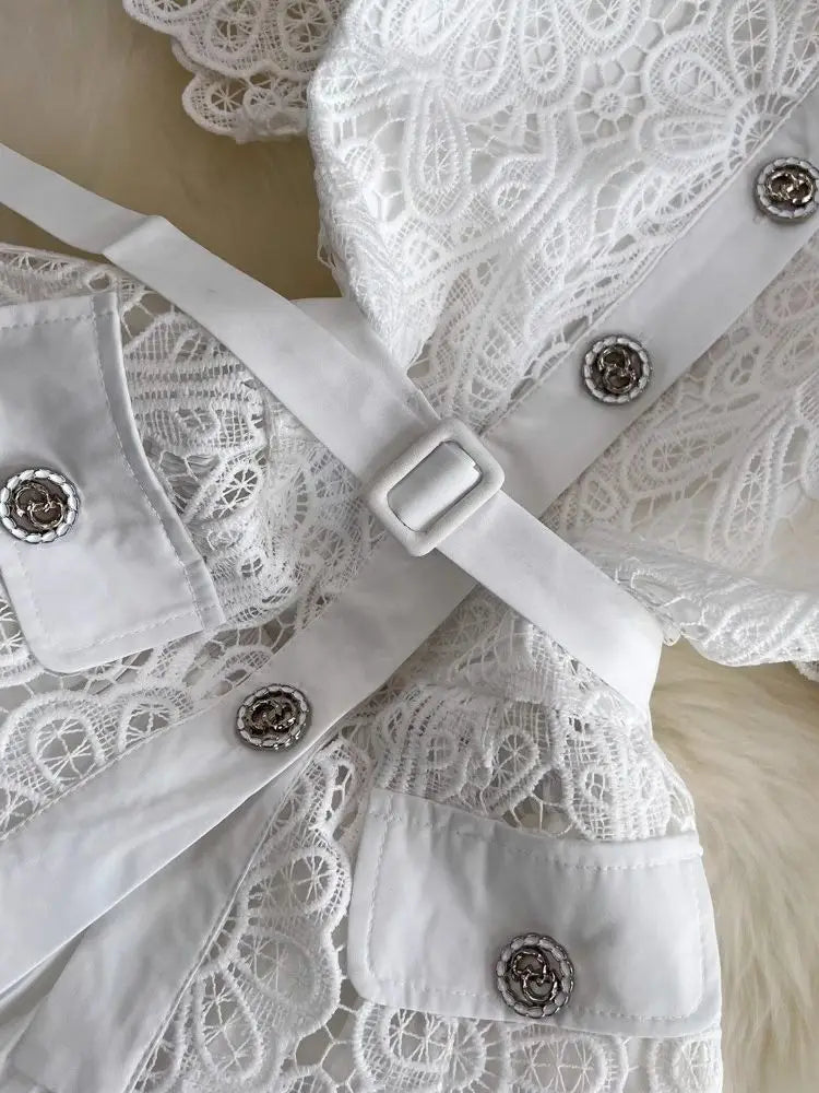 Summer Elegant Crochet Lace Patchwork Chiffon Pleated Dress Women's Short Sleeve Hollow Out Flower Buttons Belt Runway Vestidos