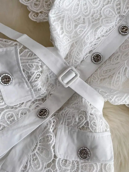 Summer Elegant Crochet Lace Patchwork Chiffon Pleated Dress Women's Short Sleeve Hollow Out Flower Buttons Belt Runway Vestidos