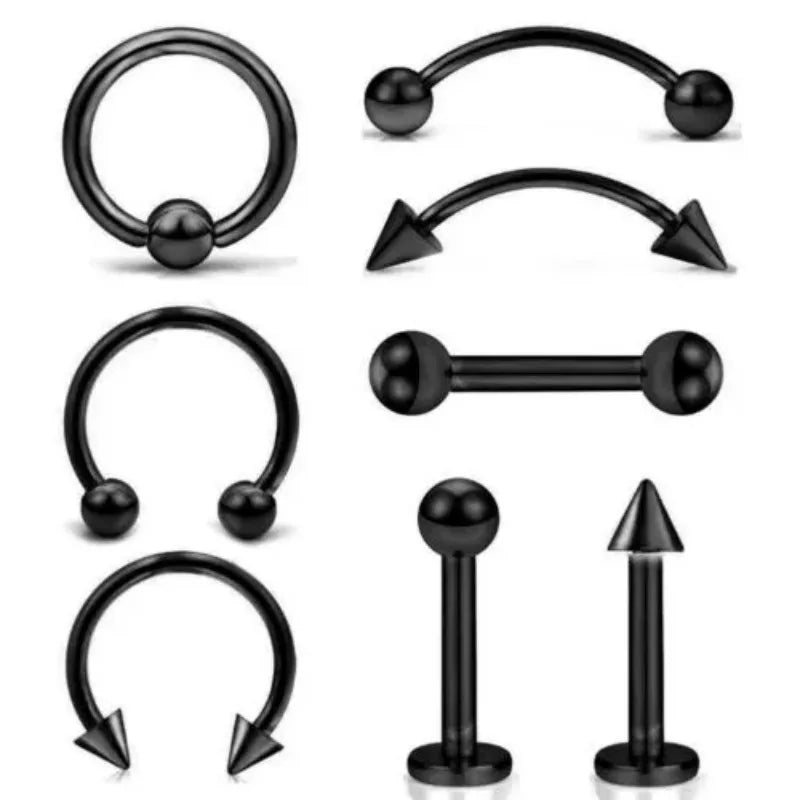 8Pcs Stainless Steel Eyebrow Rings, Lip Ring Nose Hoop Tongue Ring Septum Nose Piercing Jewelry Cartilage Tragus Earrings C3-8Pcs-Black