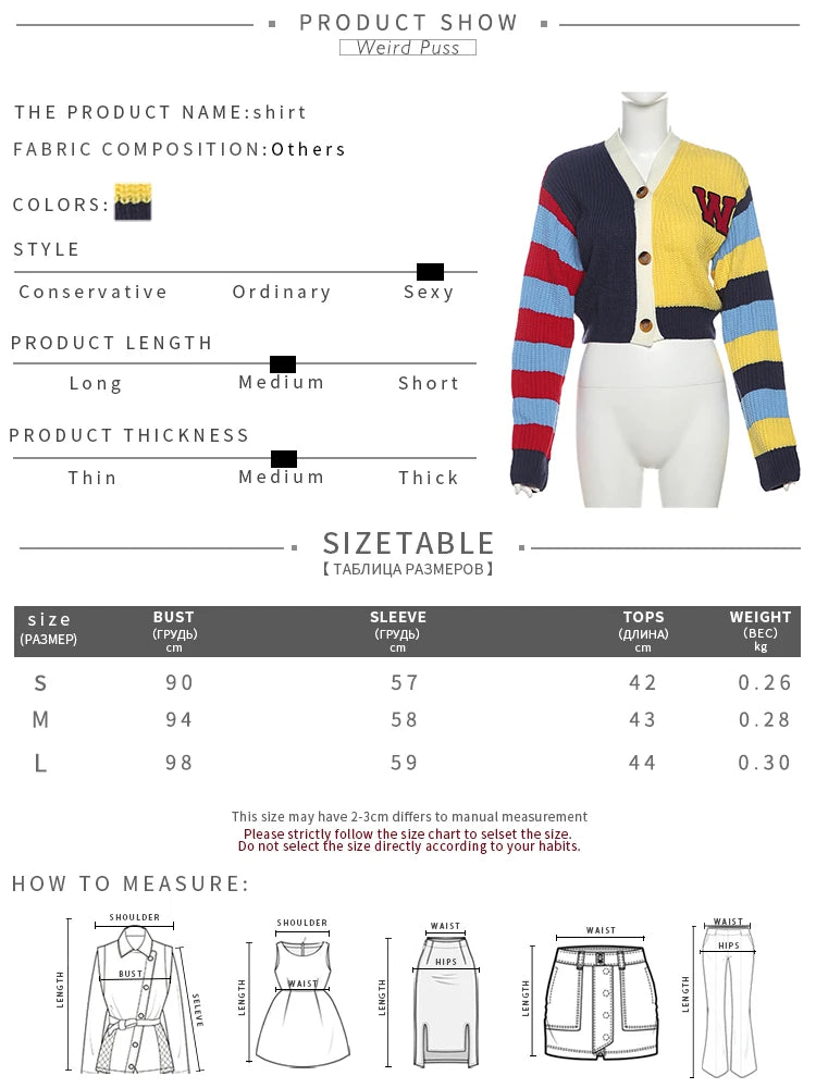 Weird Puss Y2K Cardigan Sweater Women Letter Print Casual Wild V-Neck Button Colorful Patchwork Street Trend Hipster Knit Coat