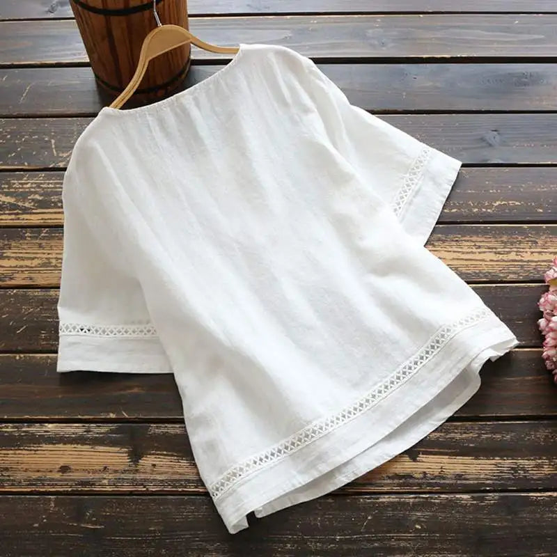 Fashion O-neck Short Sleeve White Lace Tops And Blouses Women 2024 Summer Loose Casual Cotton Linen Top Femme Blouse Shirt Woman