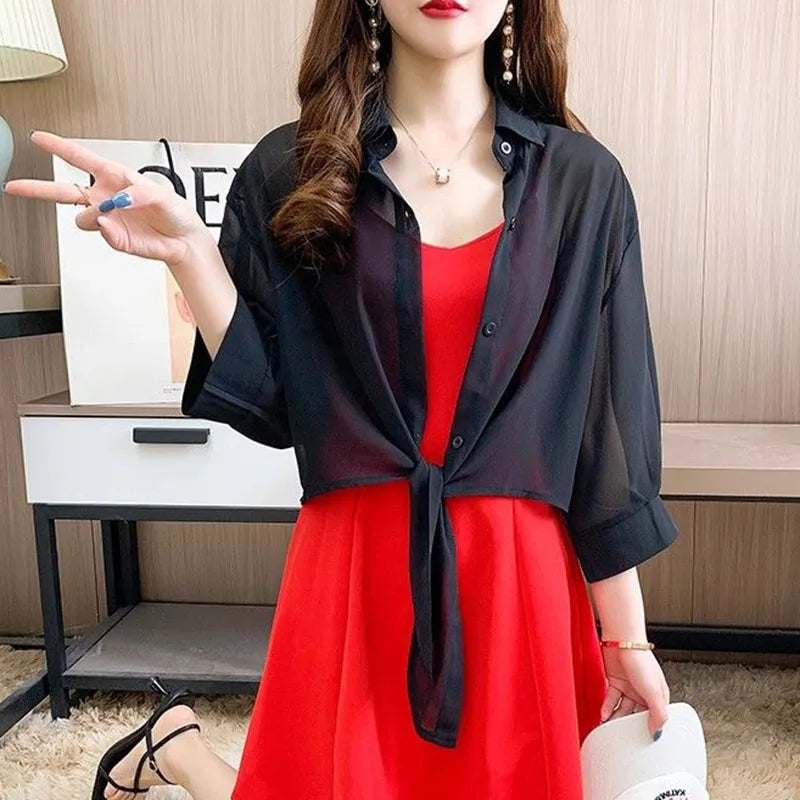 Xpqbb Summer Sun Protection Shirts Ladies Solid Color Tied Waist Half Sleeve Button Blouse Women Casual Loose Chiffon Shirt black