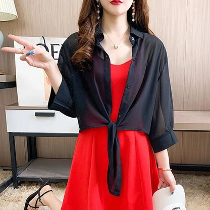 Xpqbb Summer Sun Protection Shirts Ladies Solid Color Tied Waist Half Sleeve Button Blouse Women Casual Loose Chiffon Shirt black