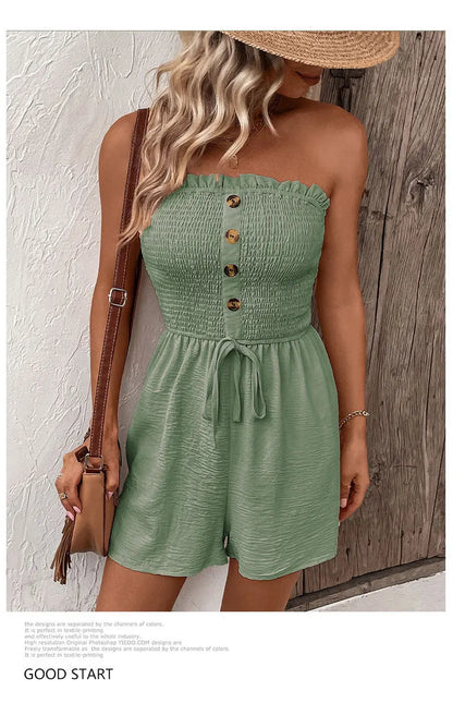 Summer Fashion Splicing Women's Solid Color Sexy Sleeveless Bra Button Tie Waist Casual Comfortable Jumpsuit Shorts 3/4