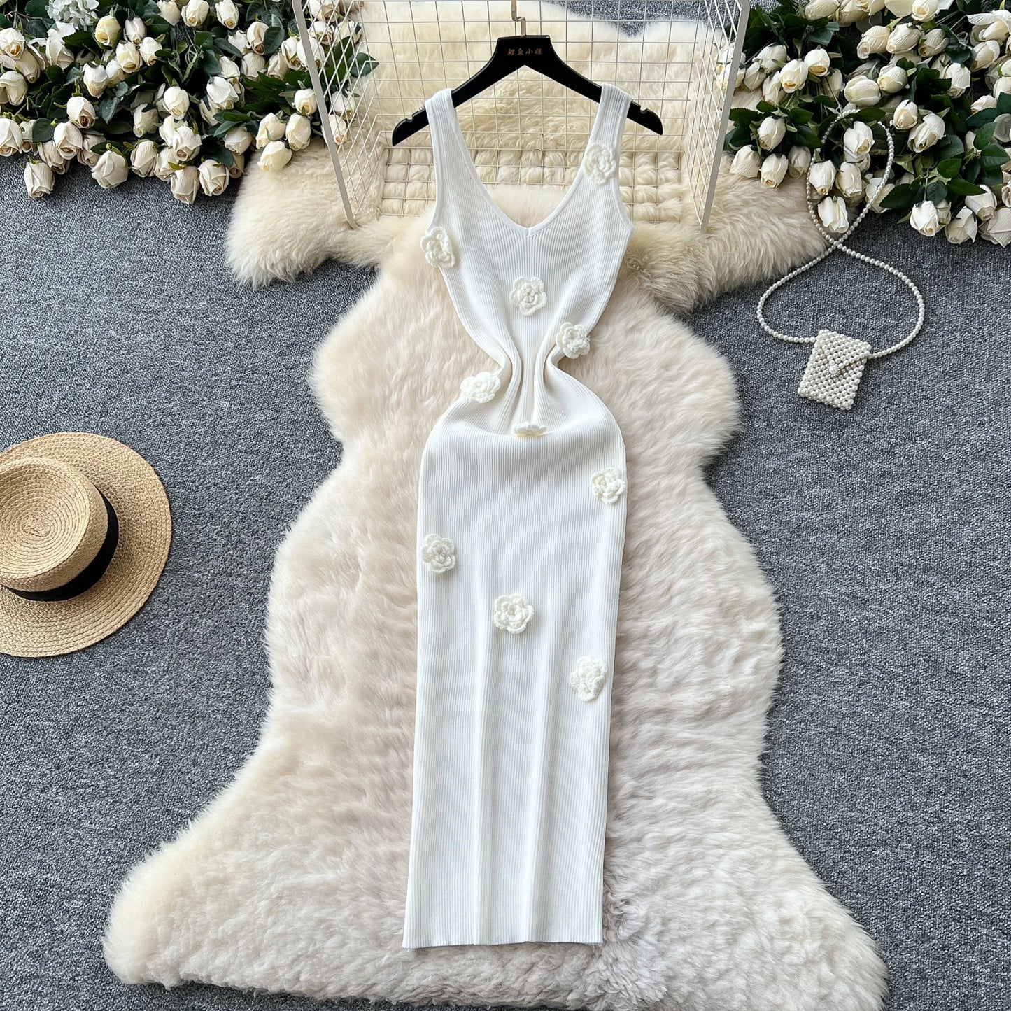 SINGREINY Knitted 3D Flower Chic Dress Sleeveless Slim Solid Elastic Sundress Women Summer Casual Fashion Bodycon Long Dresses