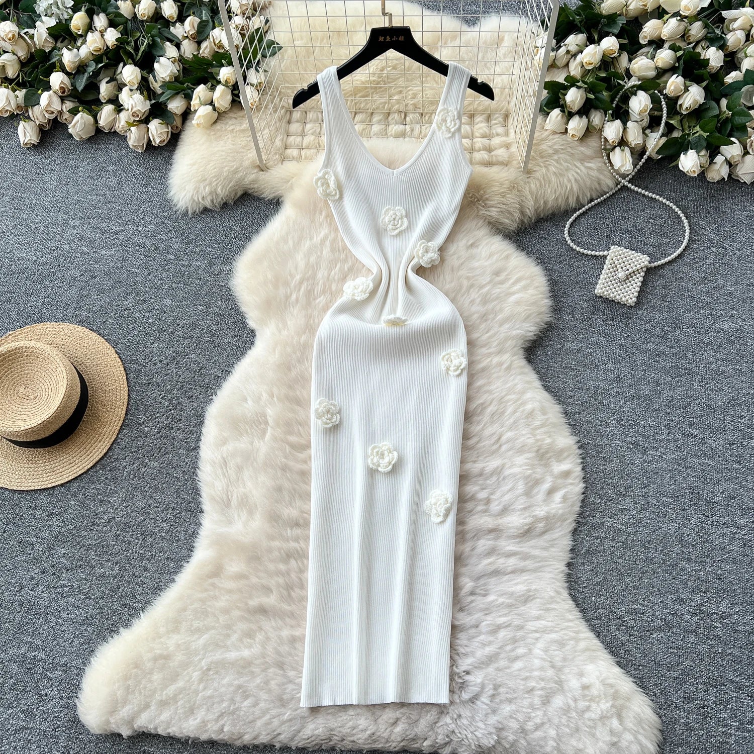 SINGREINY Knitted 3D Flower Chic Dress Sleeveless Slim Solid Elastic Sundress Women Summer Casual Fashion Bodycon Long Dresses