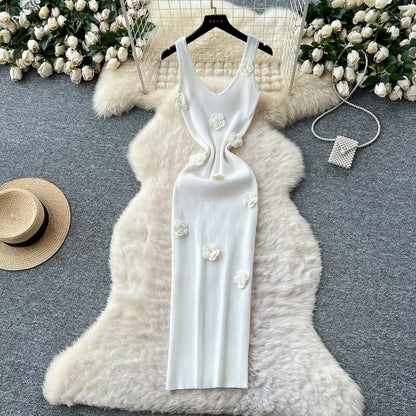SINGREINY Knitted 3D Flower Chic Dress Sleeveless Slim Solid Elastic Sundress Women Summer Casual Fashion Bodycon Long Dresses