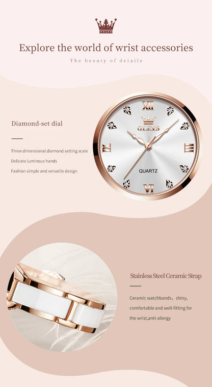 OLEVS 5872 Women Watch Elegant Luxury Original Quartz Watch Waterproof Luminous Ceramic Strap Watches For Women Bracelet Set