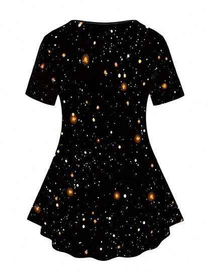 Plus Size Sun & Moon Print Capris Leggings Set, Crew Neck Short Sleeve T-shirt & Capris Leggings, Women's Plus Size Clothing